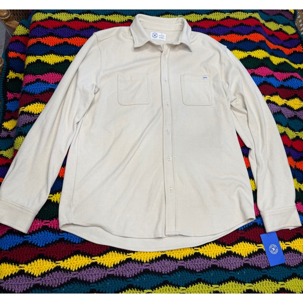 Hurley Mens Large Cream Sweater Knit Button Up Oversized Surf Overshirt Shacket